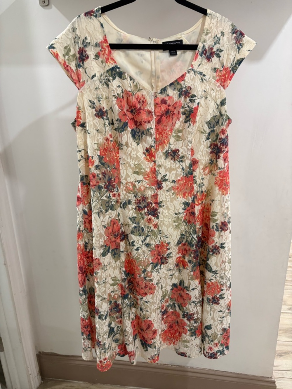 Liz Claiborne 18W Ivory Red Green Floral Lace V Neck Fit & Flare Dress